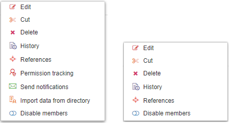 Users' context menu (left) and groups' context menu (right)